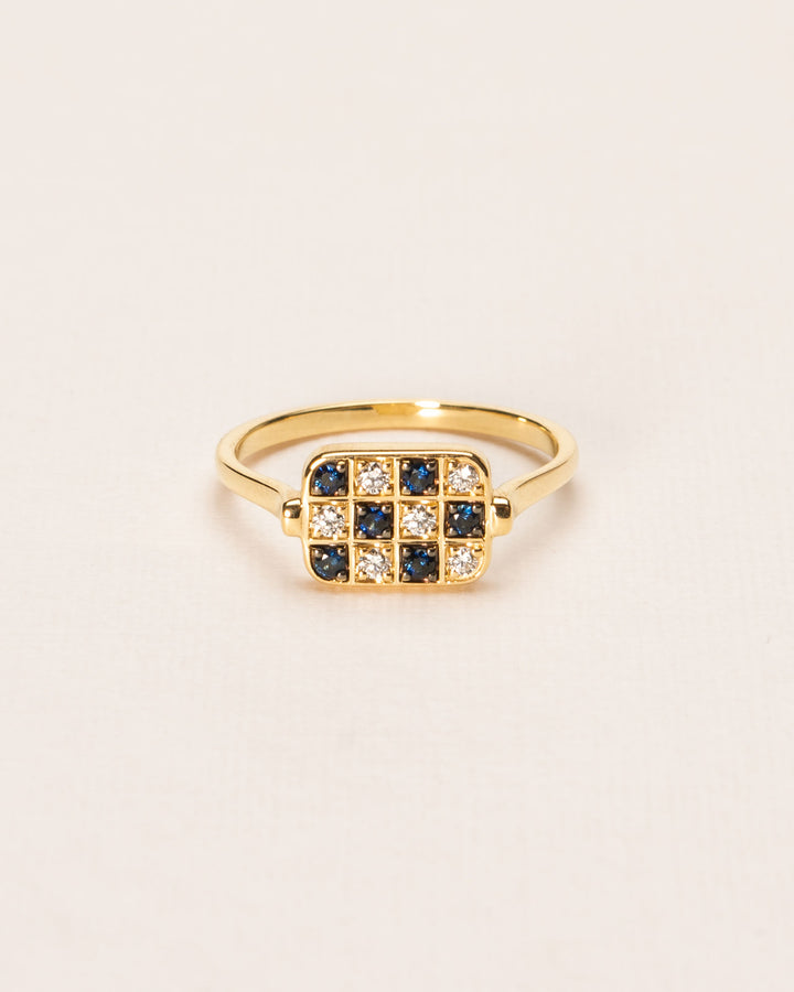 Le Petit Philidor Chessboard 18K Gold Ring w. Diamonds & Sapphires