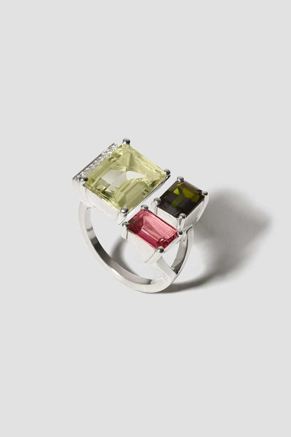 Lustre 15 18K Whitegold Ring w. Diamond, Prasiolite & Tourmaline