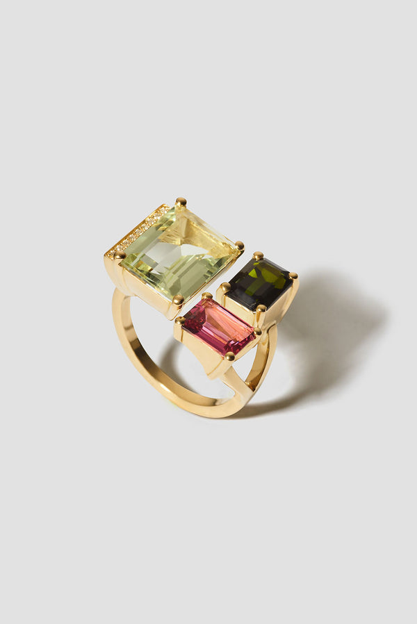 Lustre 15 18K Gold Ring w. Diamond, Prasiolite & Tourmaline