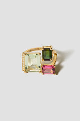 Lustre 15 18K Gold Ring w. Diamond, Prasiolite & Tourmaline