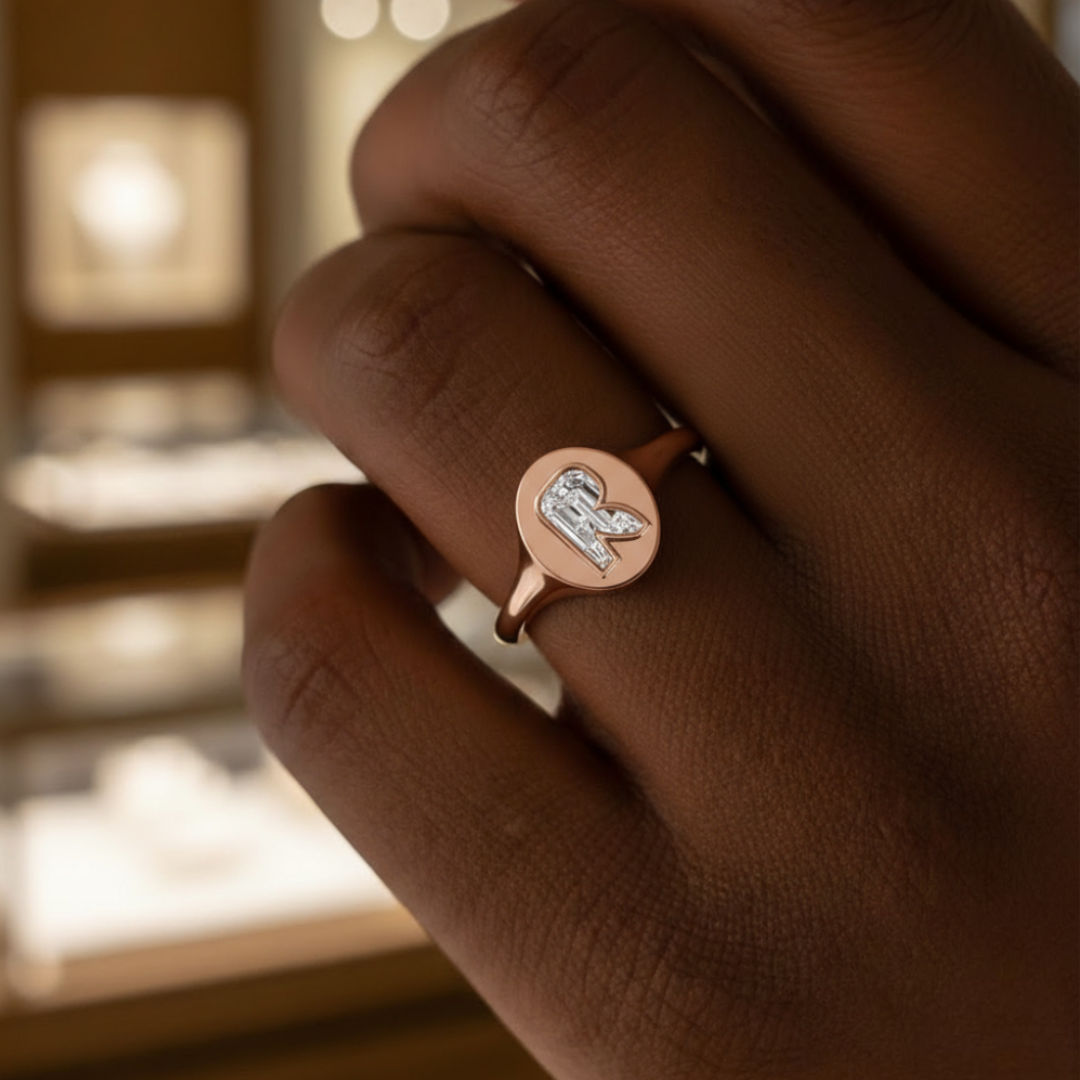 Alphabet 18K Rosegold Initial R Signet Ring w. Solitaire Lab-Grown Diamond