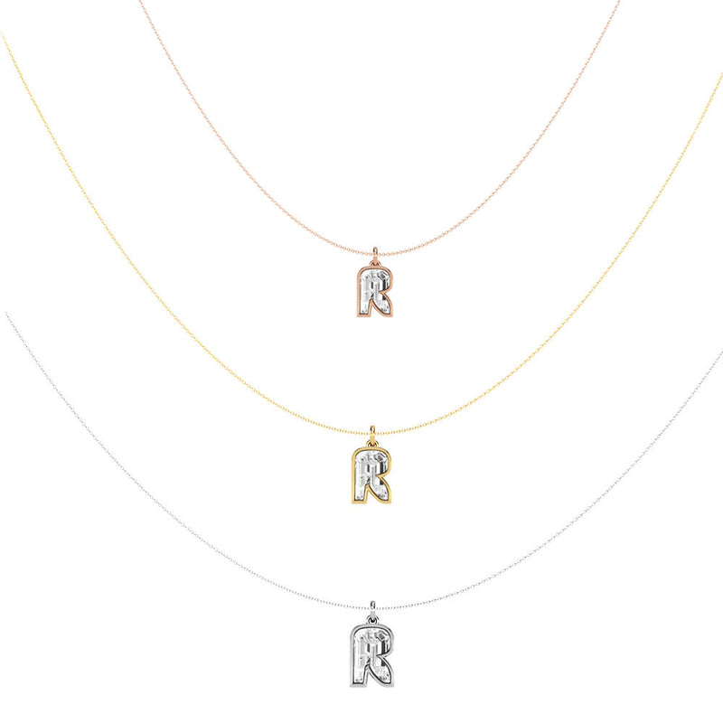 Alphabet 18K Gold, Rosegold or Whitegold Inital R Pendant w. Solitaire Lab-Grown Diamond