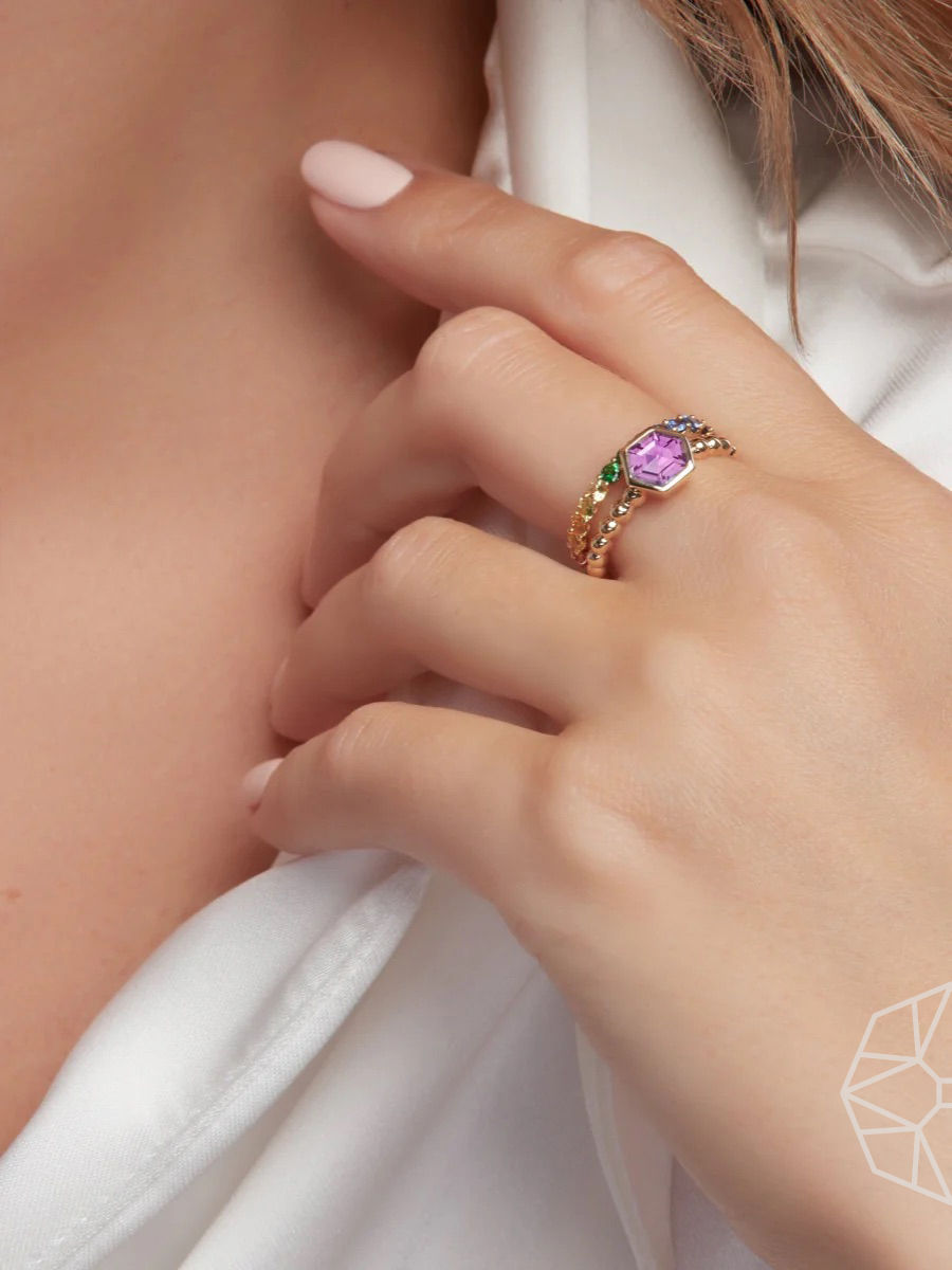 Pink Sapphire Hex 14K Gold Ring