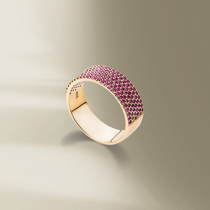 Cigar Band 18K Gold Ring w. Pink Sapphire