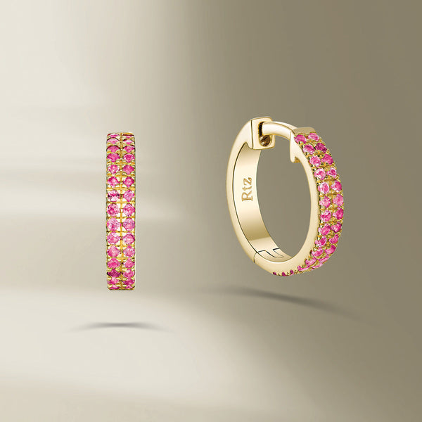 Double Line 18K Guld Hoops m. Pink Safir