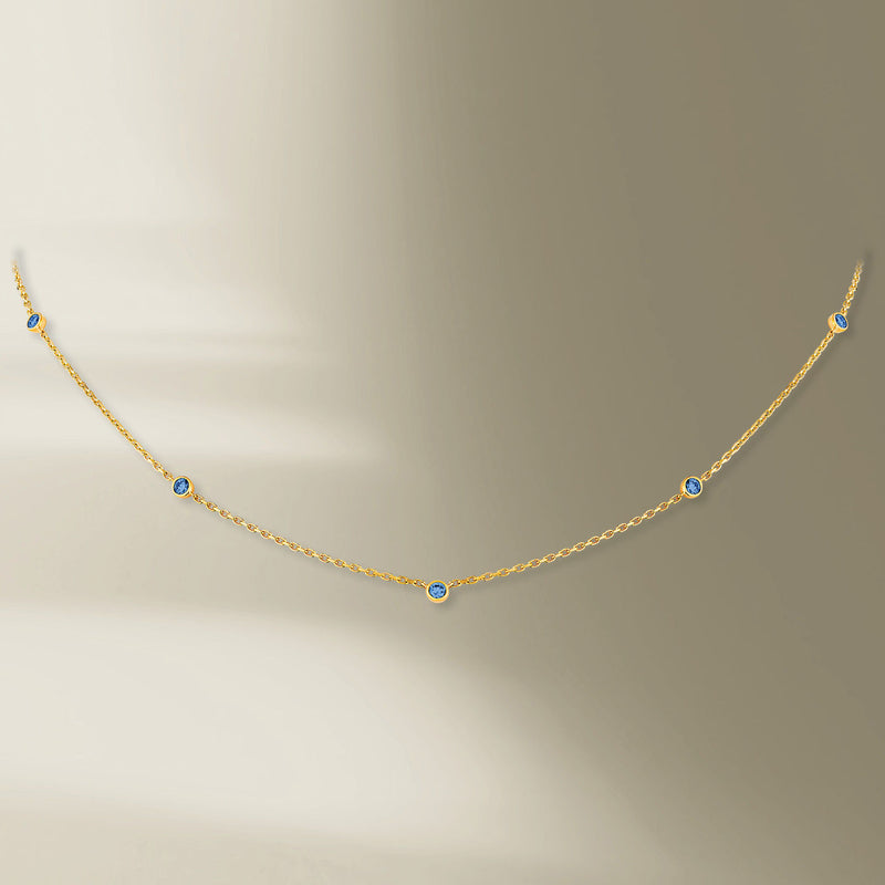 5 Stone 18K Gold Necklace w. Blue Sapphires