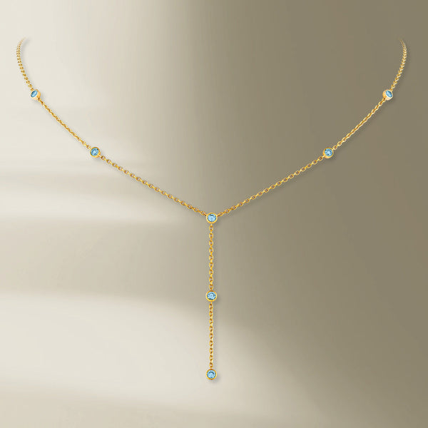 7 Stone 18K Gold Necklace w. Aquamarine