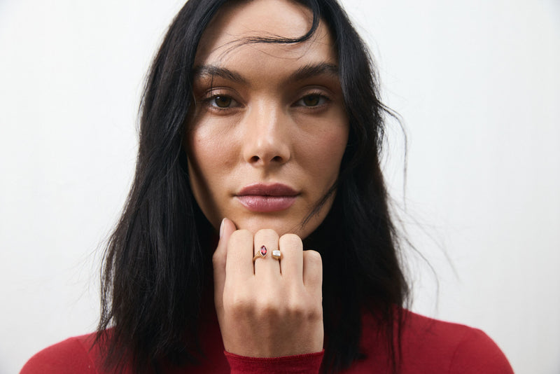 Toi Et Moi 14k or 18k Gold Ring w. Lab-Grown Diamond & Lab-Grown Ruby