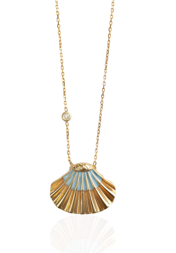 Sky Blue Shell 14K Gold Necklace w. Diamond