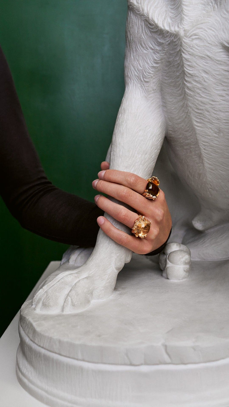 Boho Double Pavé 18K Gold Ring w. Tourmaline, Quartz & Diamonds