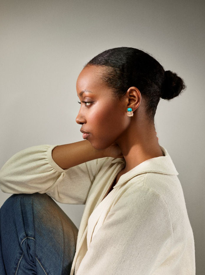 BoHo 18K Gold EARRINGS w. Diamonds, Turquoise & Quartz