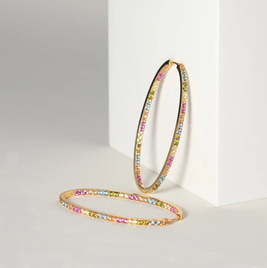 Ellisse Grande 18K Gold Plated Hoops w. Colored Zirconias