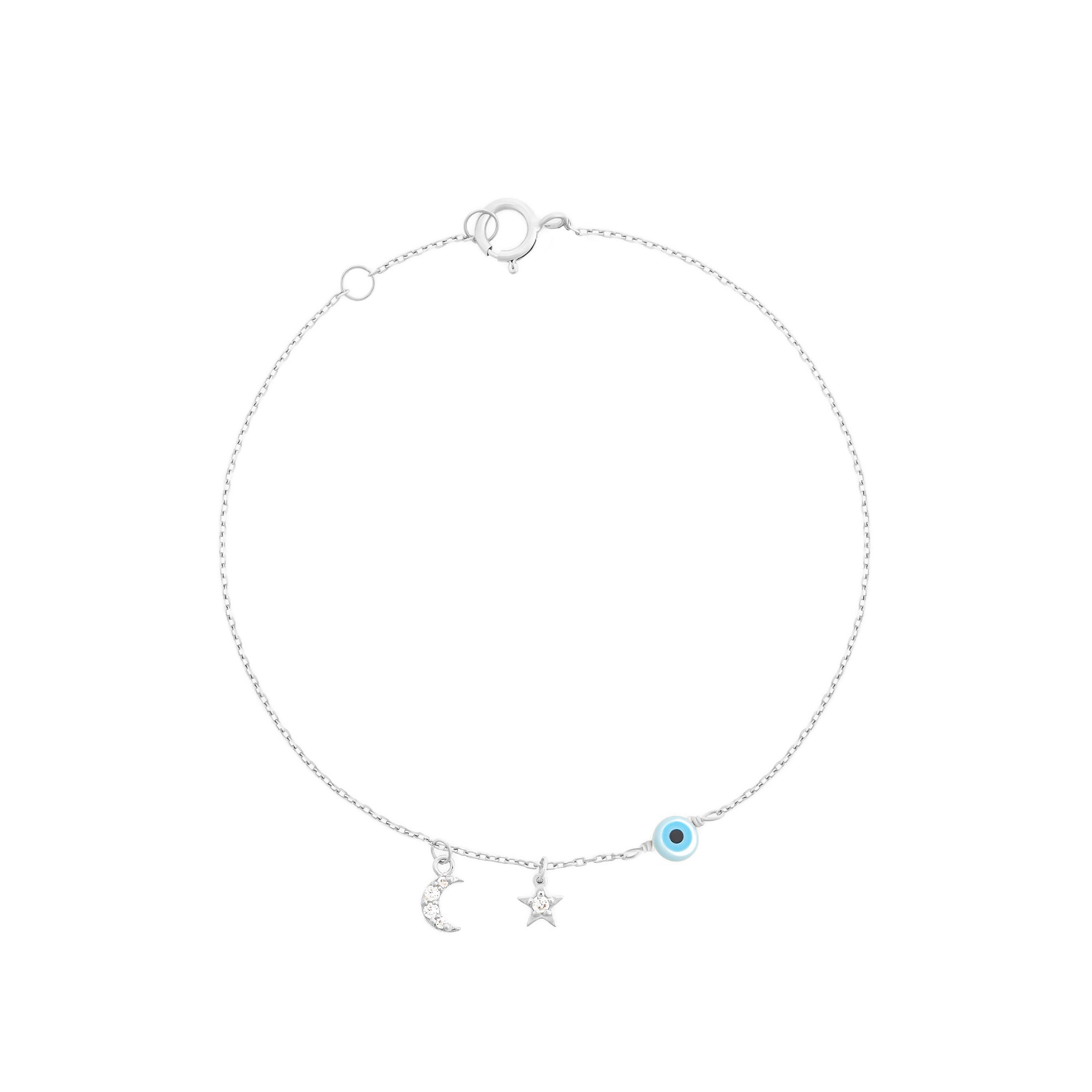 Star Evil Eye Half Moon 18K White Gold Bracelet w. Diamonds
