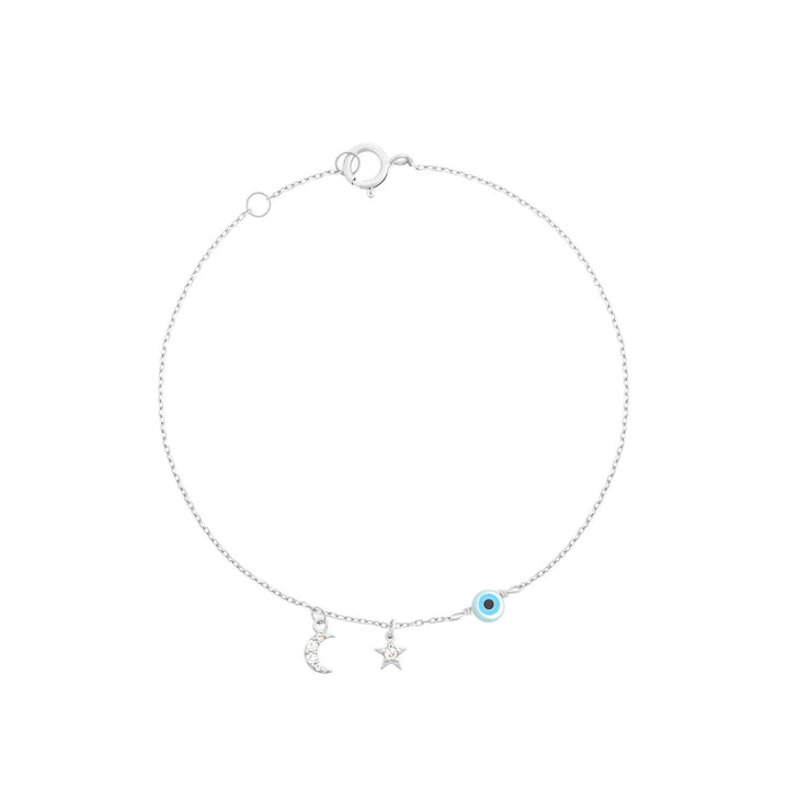 Star Evil Eye Half Moon 18K White Gold Bracelet w. Diamonds