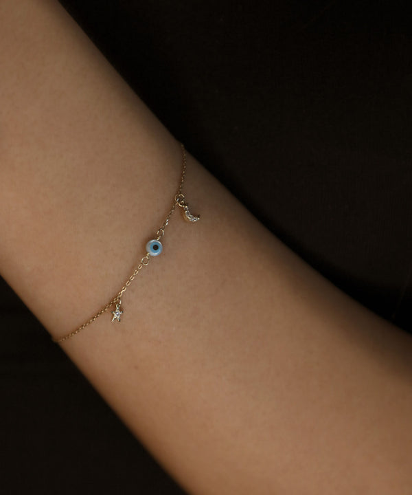 Star Evil Eye Half Moon 18K Gold Bracelet w. Diamonds