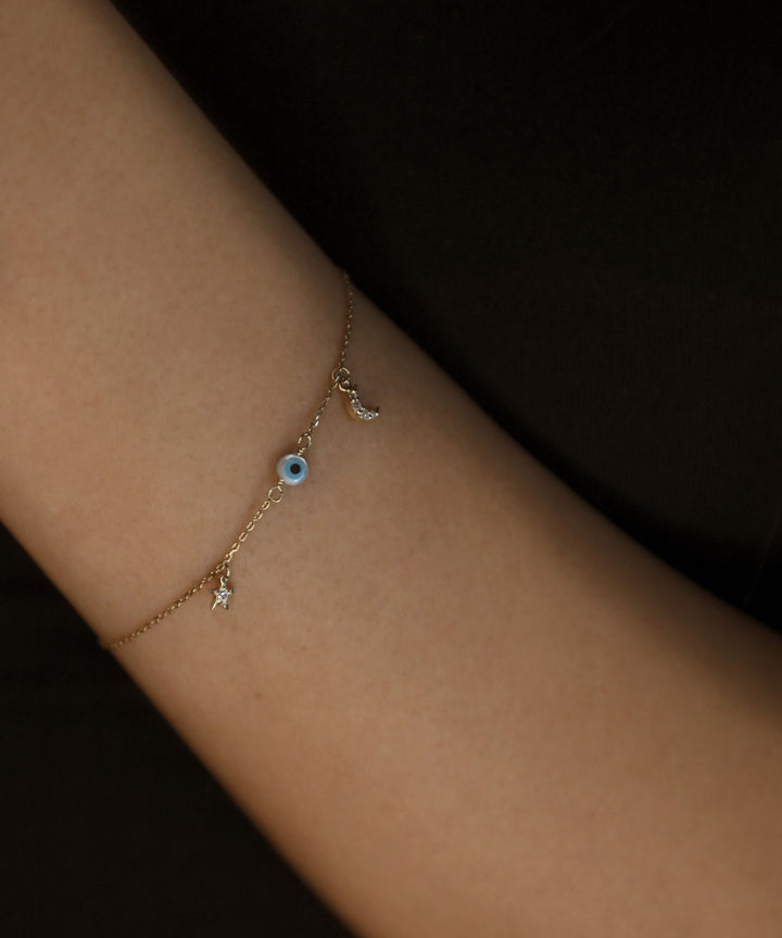 Star Evil Eye Half Moon 18K Rose Gold Bracelet w. Diamonds
