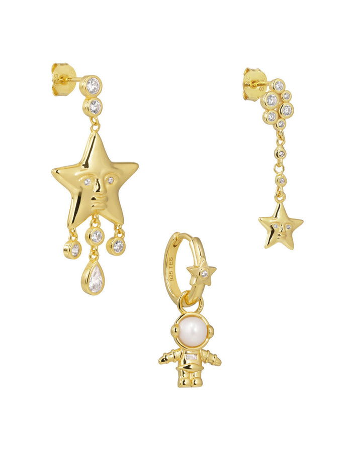 Star 18K Gold Plated Earrings w. Zirconia & Pearls Party Box