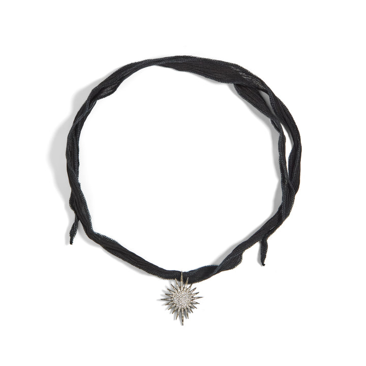 Supernova Black Ribbon Silver Necklace w. Zirconia