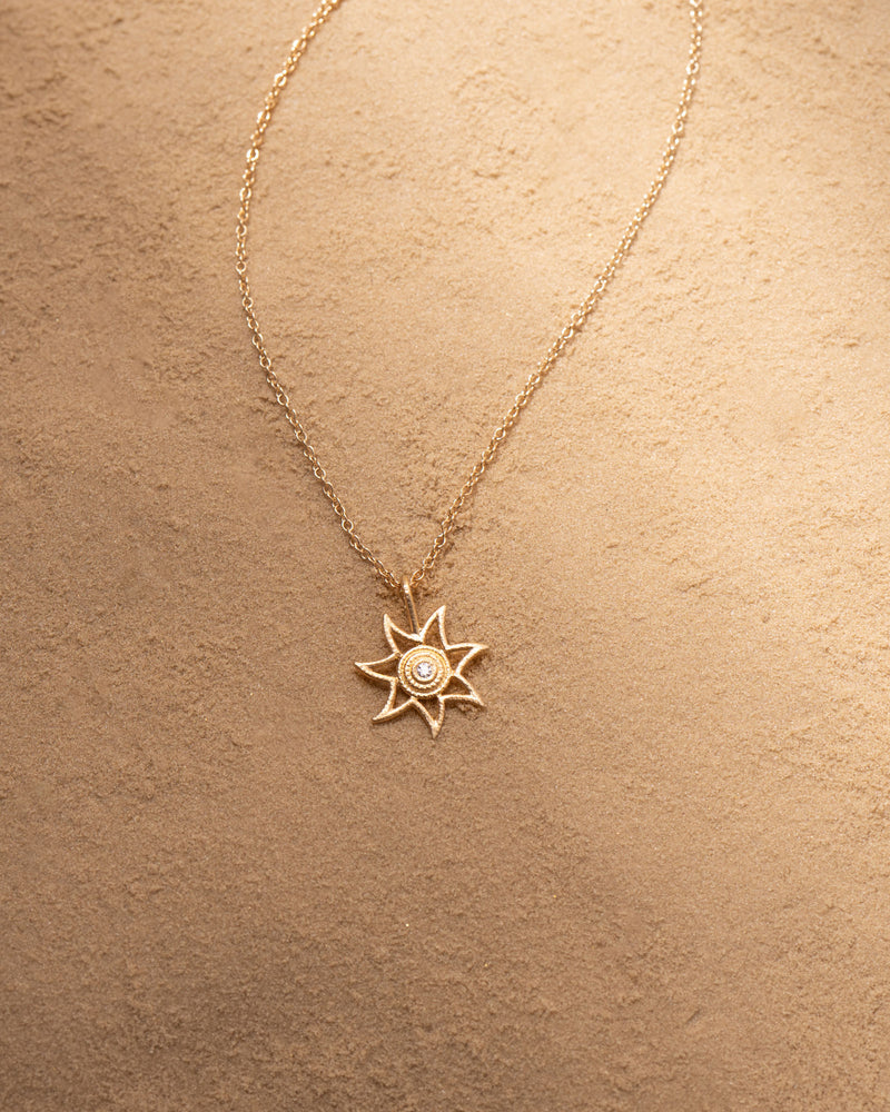 Sun Large 18K Gold Pendant w. 0.011ct Diamond