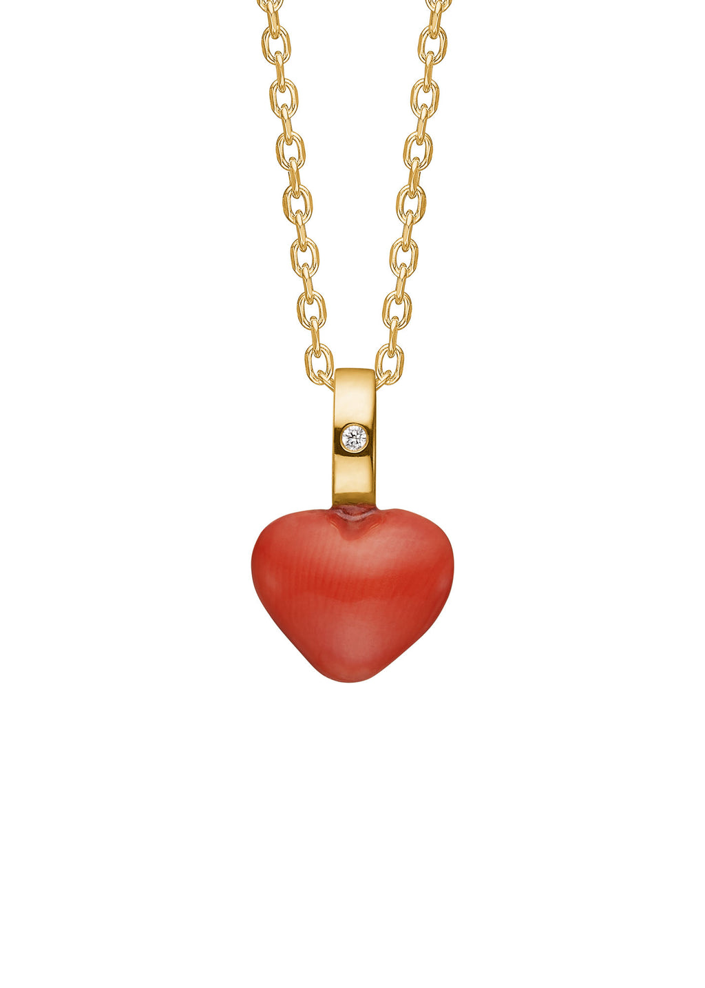 Hjerte 10K Guld Vedhæng m. 8 mm Rød Koral & Diamant