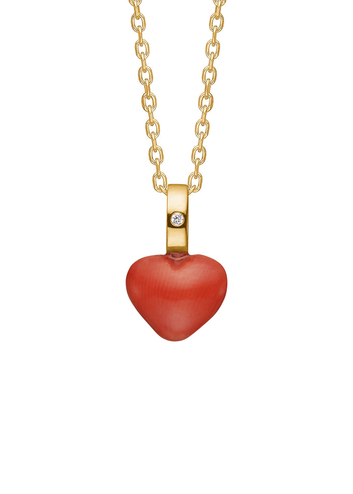 Hjerte 10K Guld Vedhæng m. 8 mm Rød Koral & Diamant