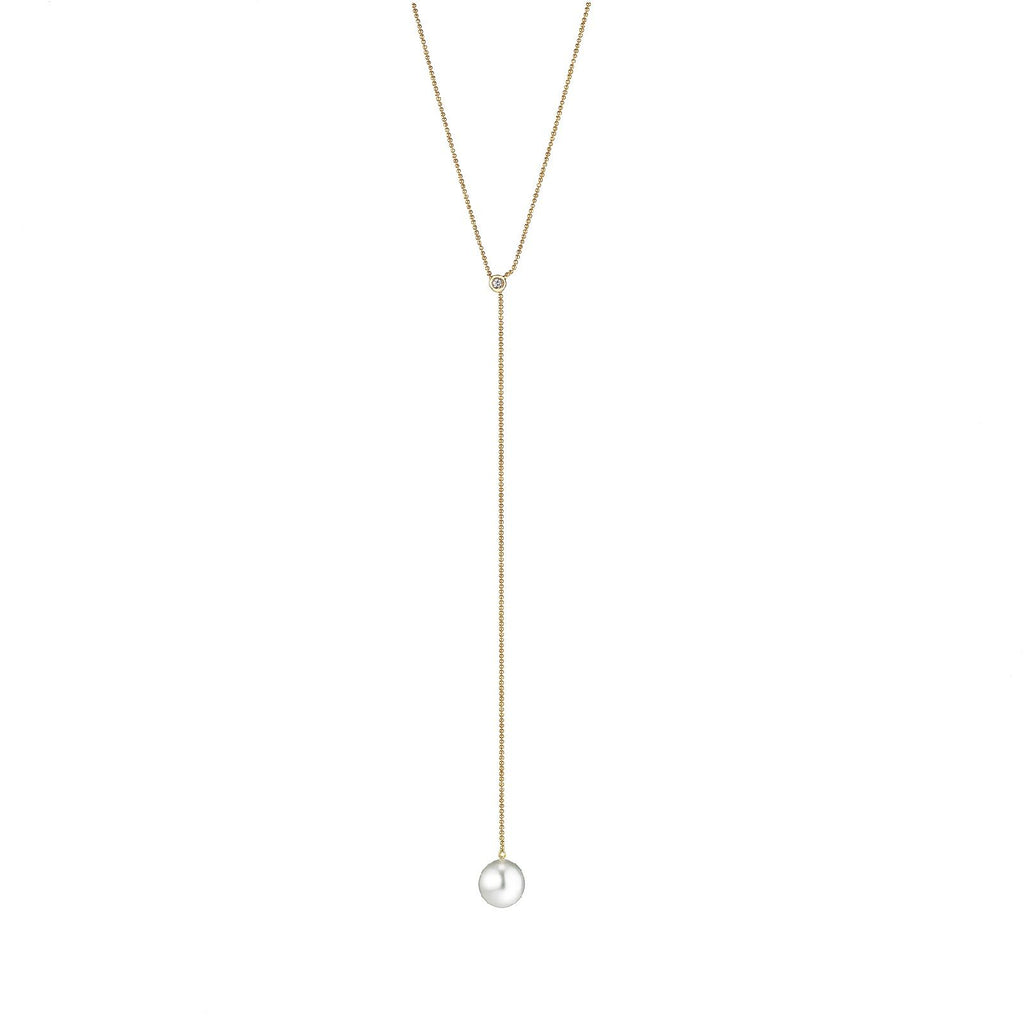 Y 18K Gold Necklace w. Diamond & Freshwater Pearl