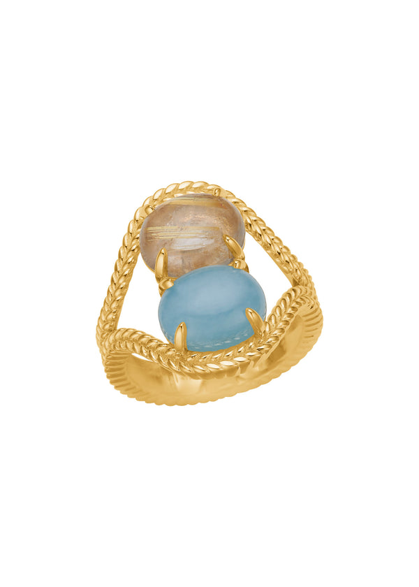 Double Bubble 10K Gold Ring w. Golden Rutile Quartz & Aquamarine