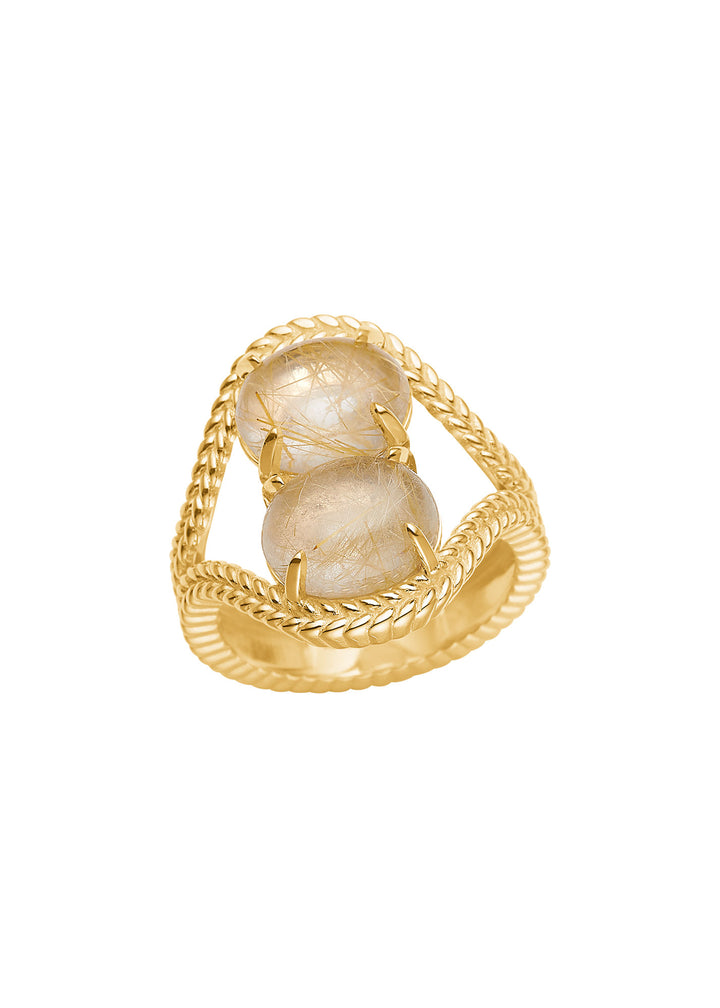 Double Bubble 10K Gold Ring w. Golden Rutilated Quartz