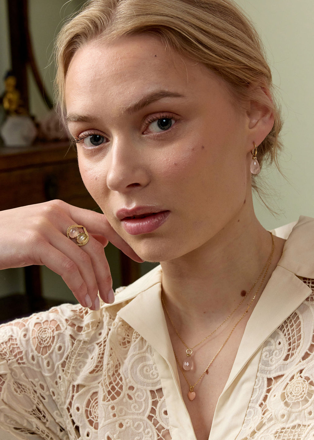 Double Bubble 10K Guld Ring m. Gylden Rutil & Rosakvarts