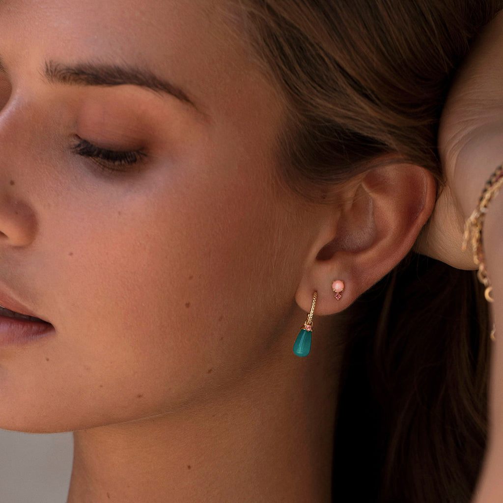 Bon Bon 10K Gold Stud w. Pink Opal & Tourmaline