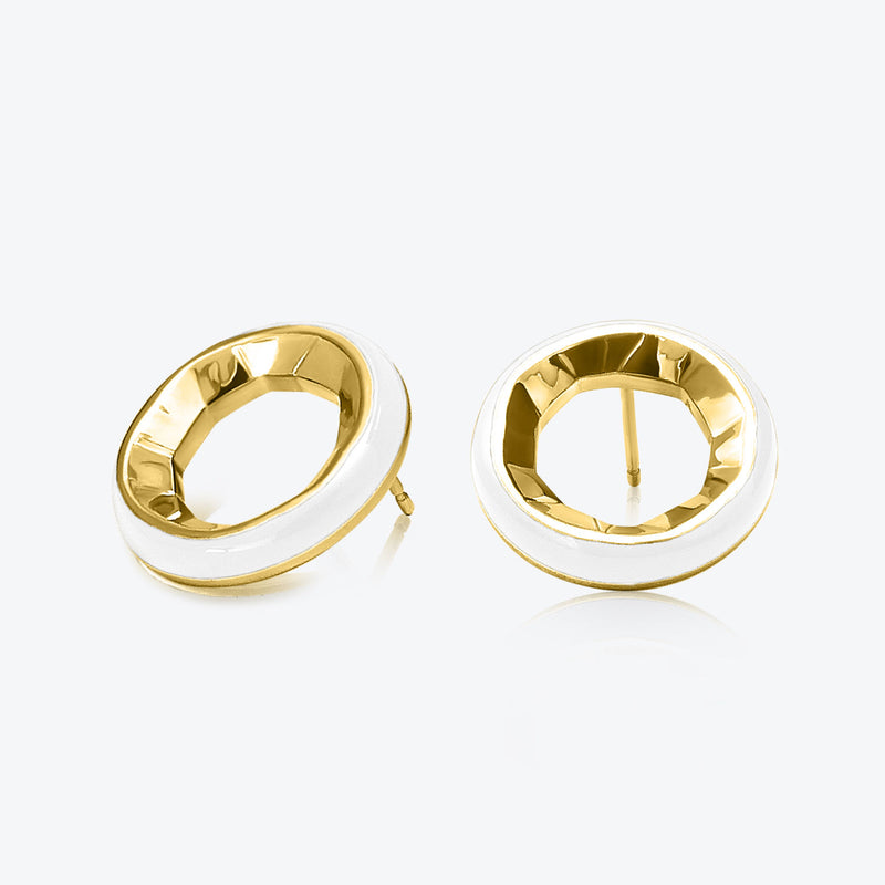 A. Sun Halo 18K Gold Studs w. Snow White Enamel