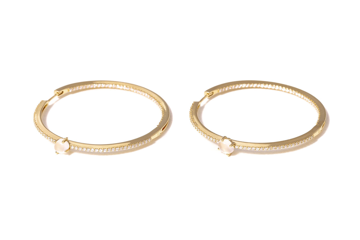 Tiny Cloud 18K Gold Hoops w. Milky Quartz & Diamonds