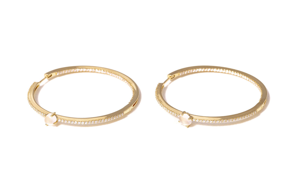Tiny Cloud 18K Gold Hoops w. Milky Quartz & Diamonds