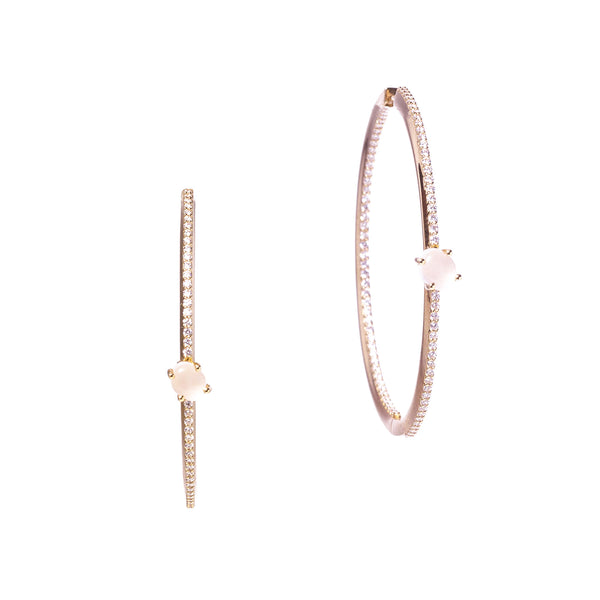 Tiny Cloud 18K Rosegold Hoops w. Milky Quartz & Diamonds