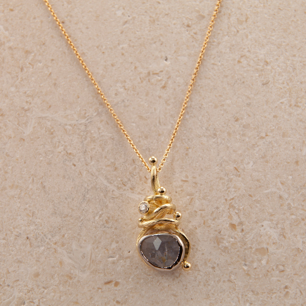 Gone Fishing 18K & 22K Gold Necklace w. Diamond & Sapphire