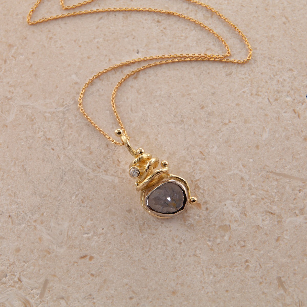 Gone Fishing 18K & 22K Gold Necklace w. Diamond & Sapphire