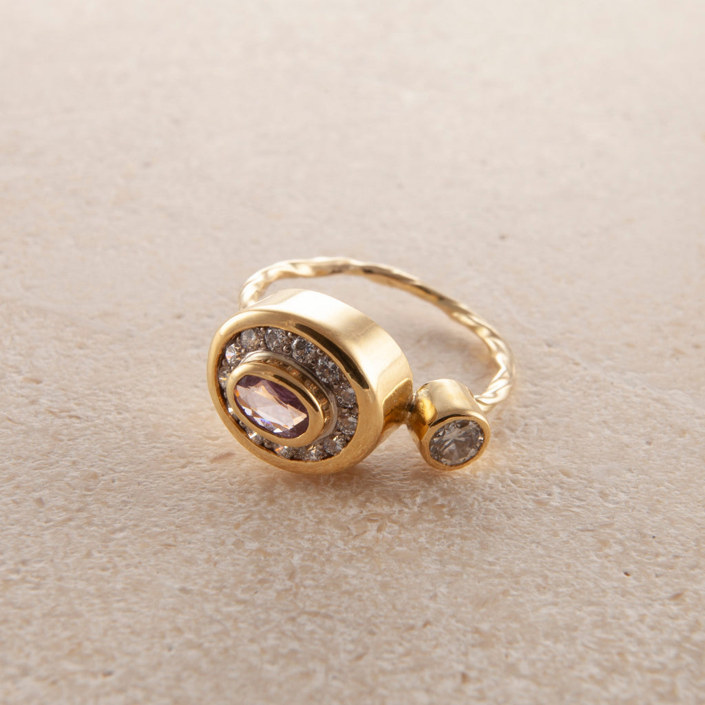 Pavé Cocktail 18K & 22K Gold Ring w. Diamonds & Sapphire