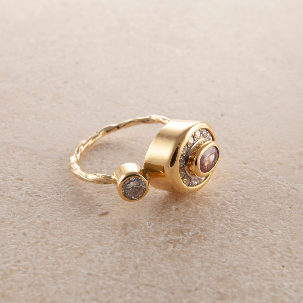 Pavé Cocktail 18K & 22K Gold Ring w. Diamonds & Sapphire