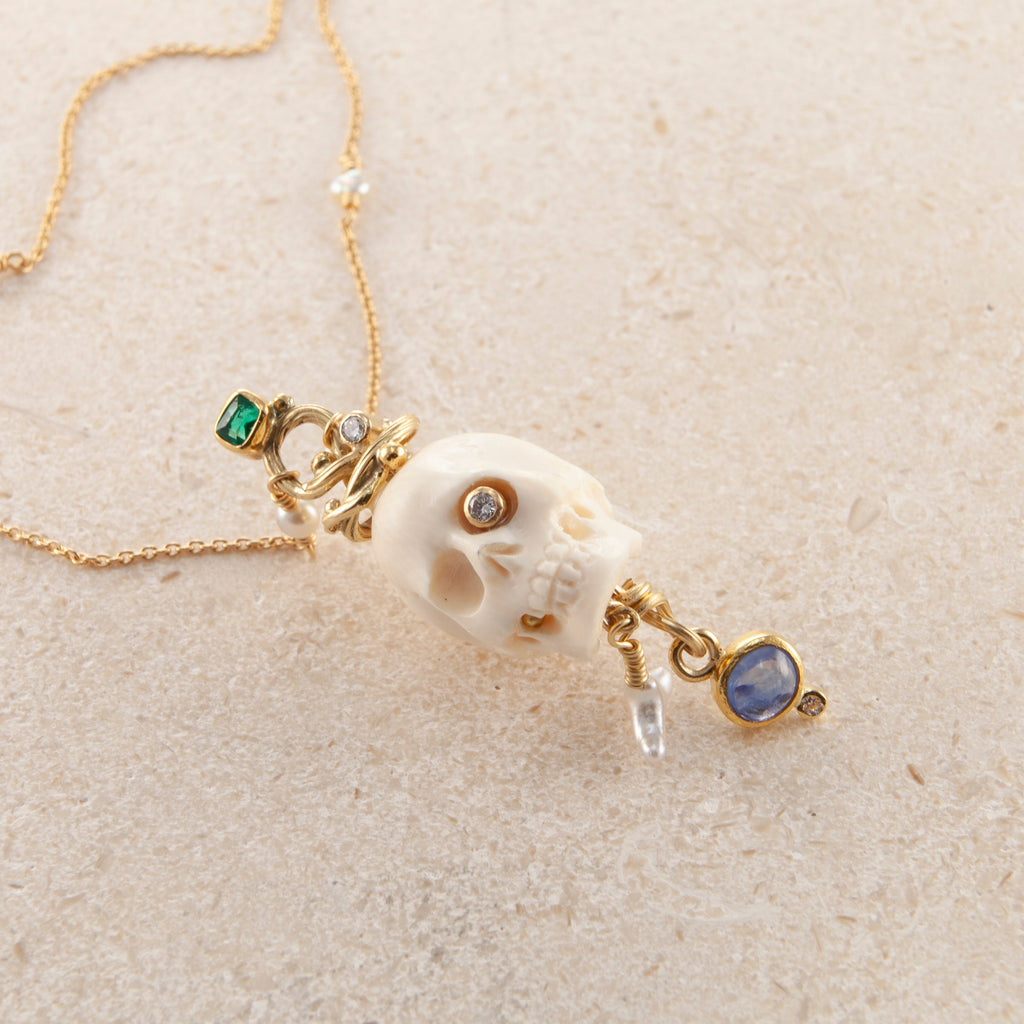 Memento Mori 18K & 22K Gold Necklace w. Emeralds & Sapphires