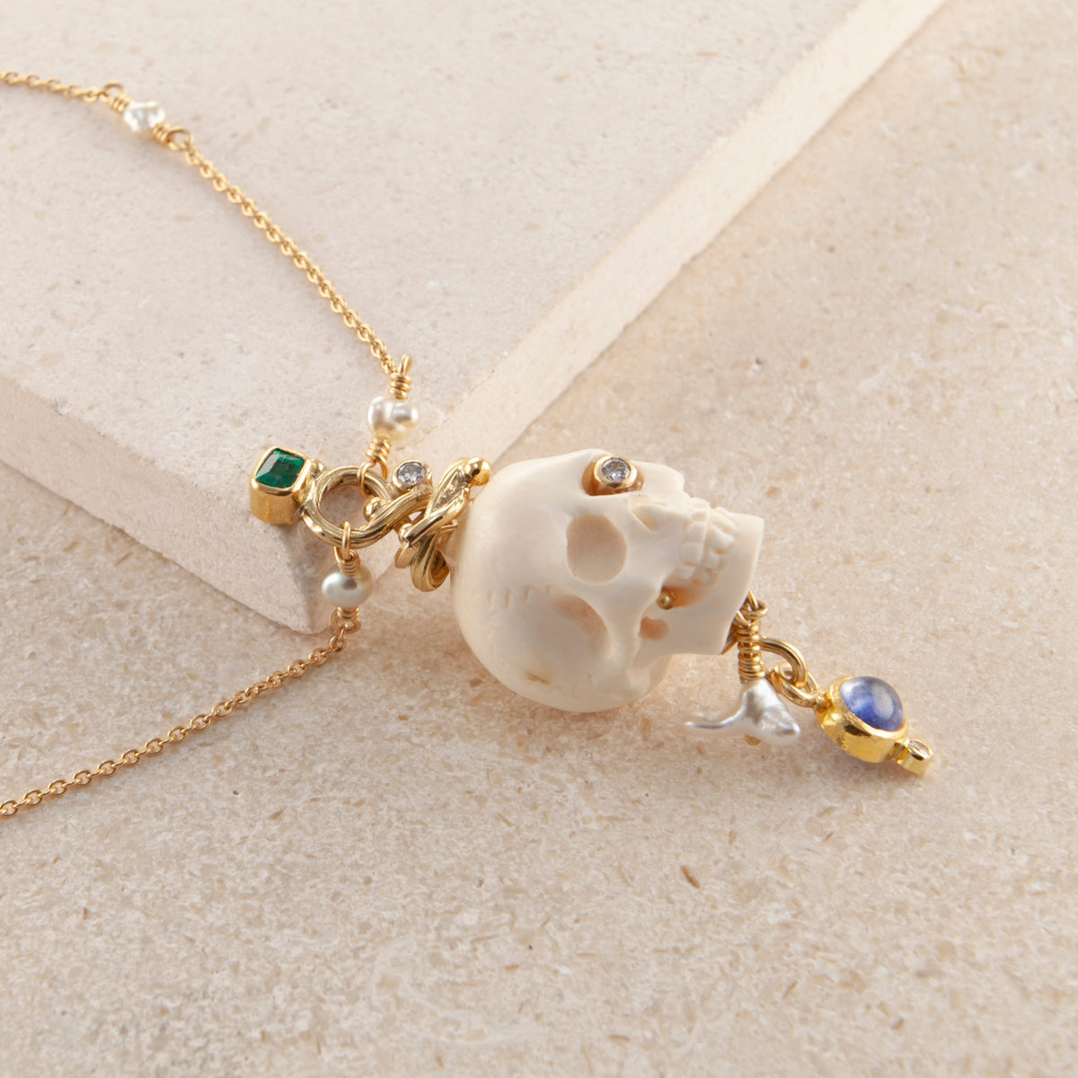 Memento Mori 18K & 22K Gold Necklace w. Emeralds & Sapphires