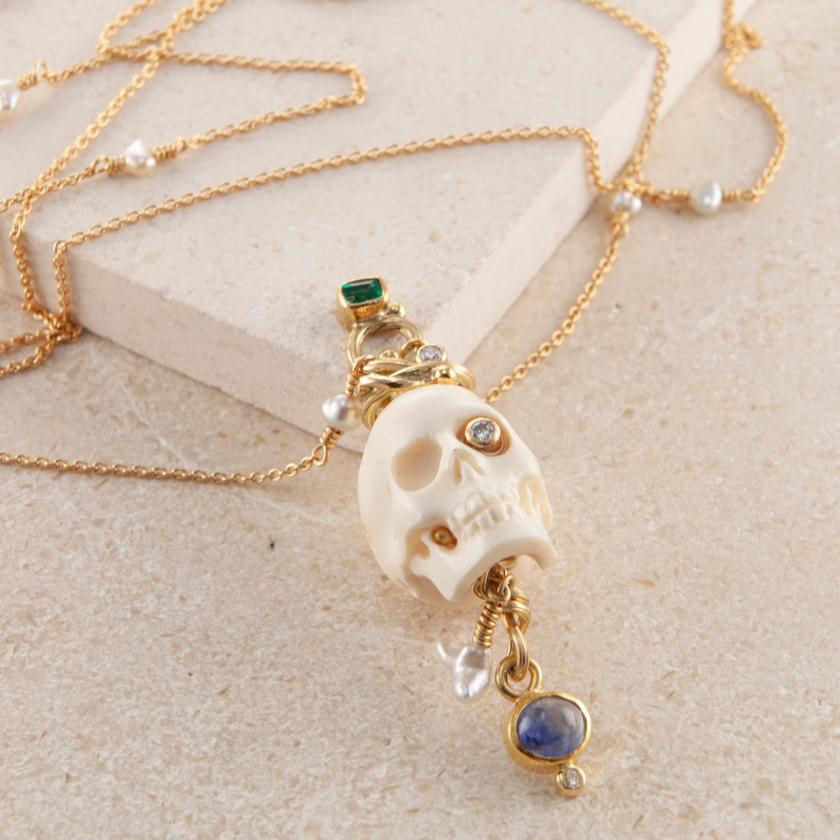 Memento Mori 18K & 22K Gold Necklace w. Emeralds & Sapphires
