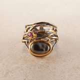 Twisted 18K, 22K & 24K Gold Ring w. Pearl & DIamonds