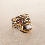 Twisted 18K, 22K & 24K Gold Ring w. Pearl & DIamonds