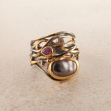 Twisted 18K, 22K & 24K Gold Ring w. Pearl & DIamonds