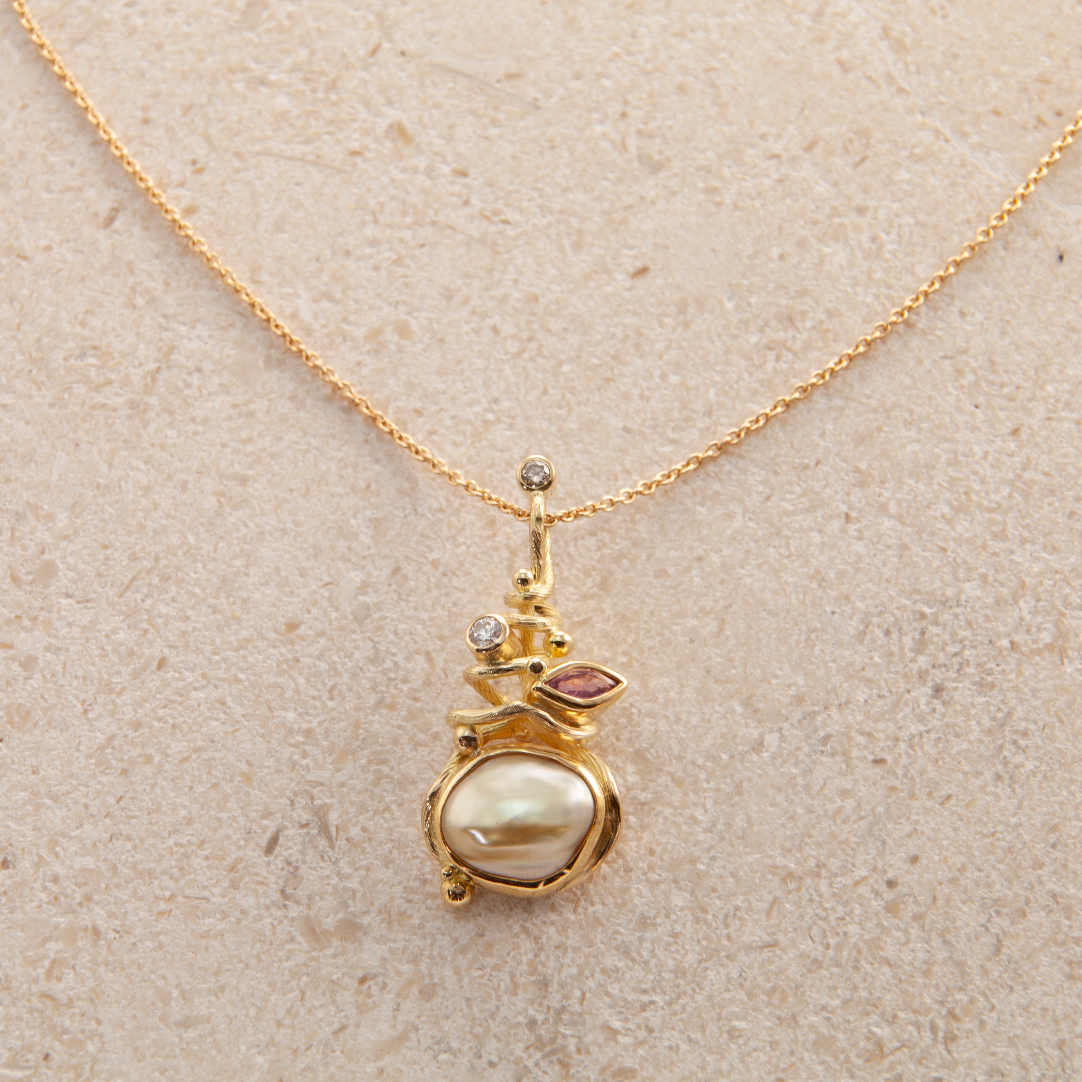 Gone Fishing 18K & 22K Gold Necklace w. Sapphire & Pearl