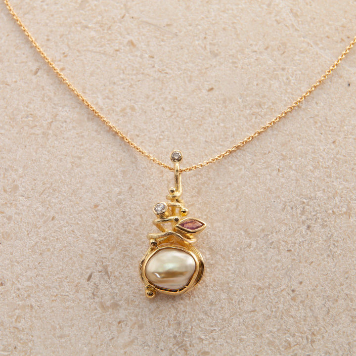 Gone Fishing 18K & 22K Gold Necklace w. Sapphire & Pearl