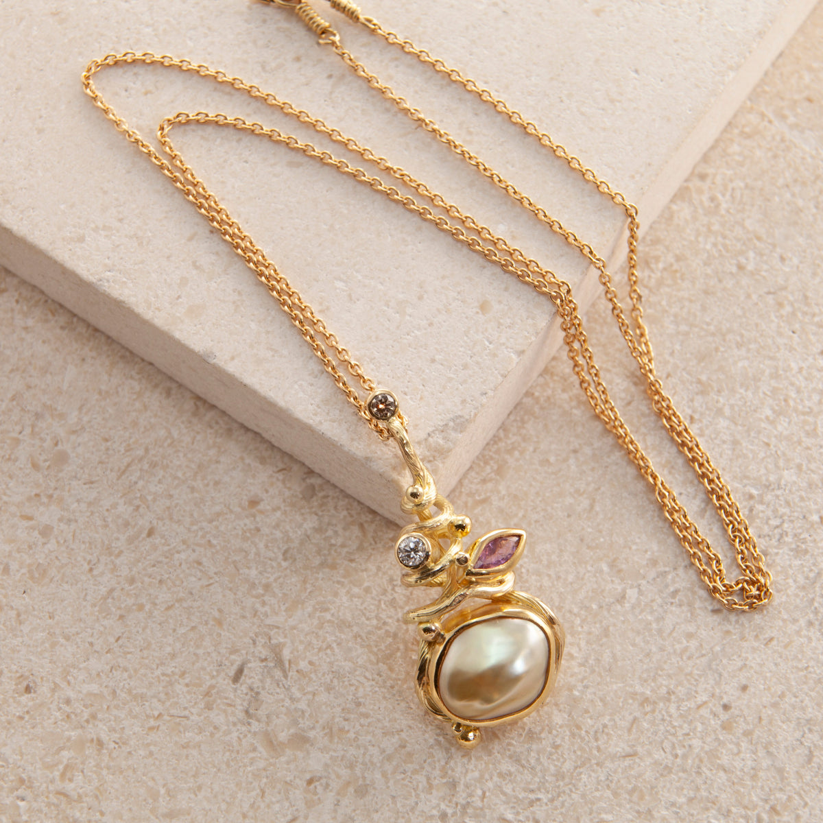 Gone Fishing 18K & 22K Gold Necklace w. Sapphire & Pearl