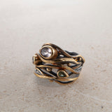 Twisted 18K, 22K og 24K Guld & Sølv Ring m. Morganit, Safir & Diamant