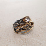 Twisted 18K, 22K og 24K Guld & Sølv Ring m. Morganit, Safir & Diamant