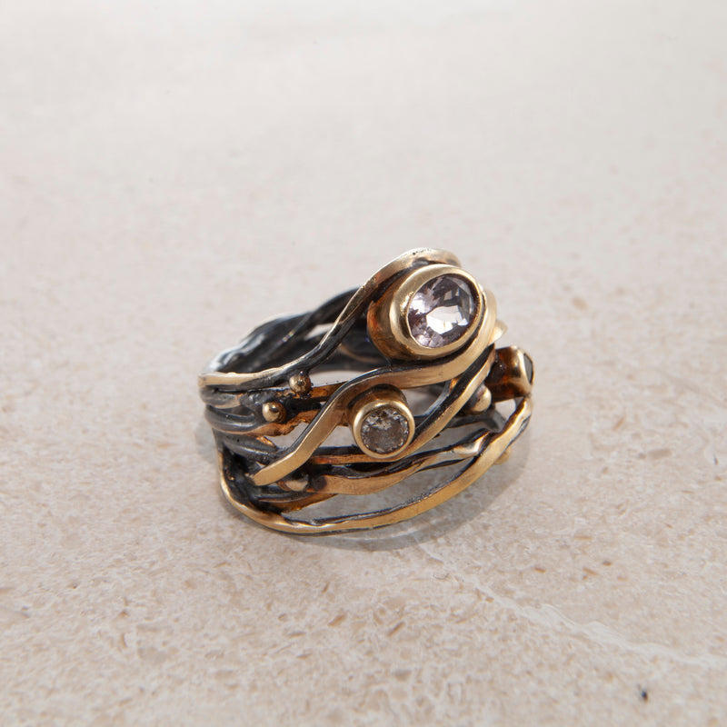 Twisted 18K, 22K og 24K Guld & Sølv Ring m. Morganit, Safir & Diamant